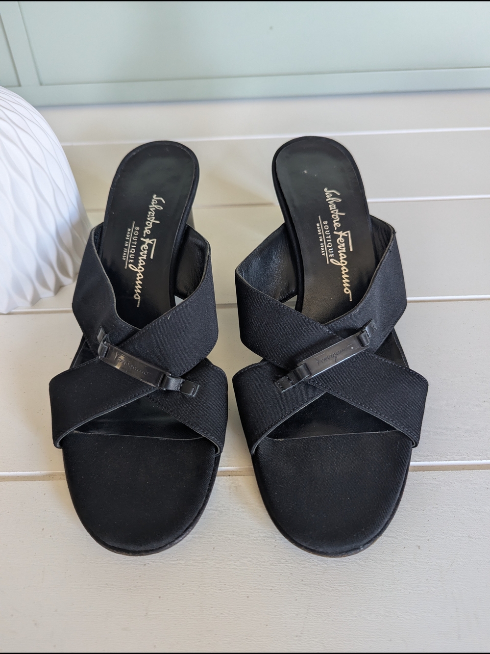 Salvatore Ferragamo Black Crisscross Slide Sandals